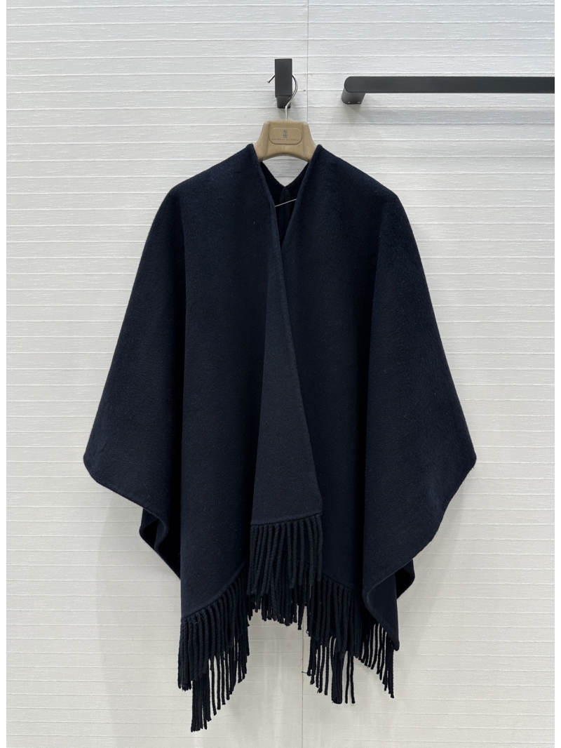 Brunello Cucinelli 100% Wool Shawl Cape – Hand-Finished Fringe, Asymmetrical Drape