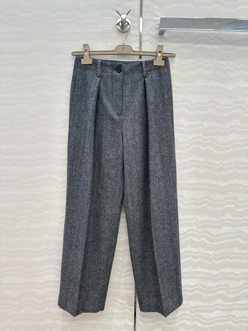 Brunello Cucinelli Premium Wool Herringbone Trousers | Tailored Mid-Rise Pleated Straight-Leg Pants