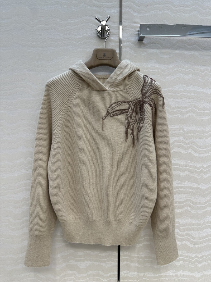 Brunello Cucinelli Cropped Hooded Sweater with Copper Chain Floral Embroidery in Imported Wool