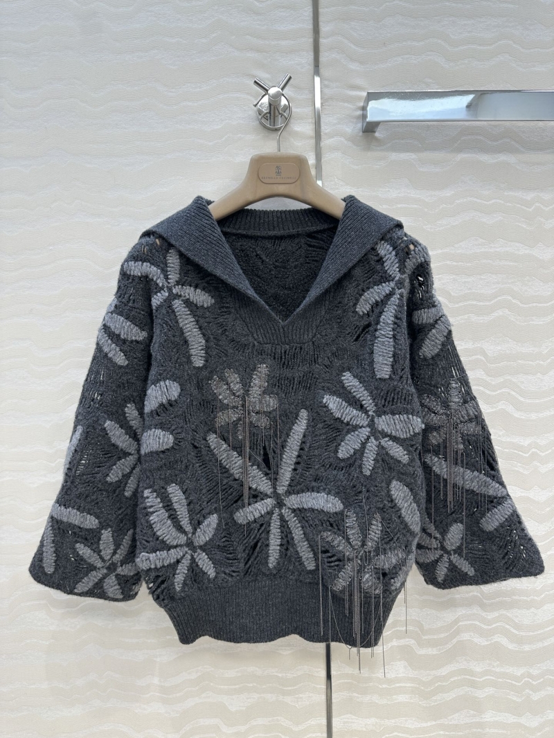 Brunello Cucinelli 100% Cashmere Embroidered Floral Chain Knit Sweater