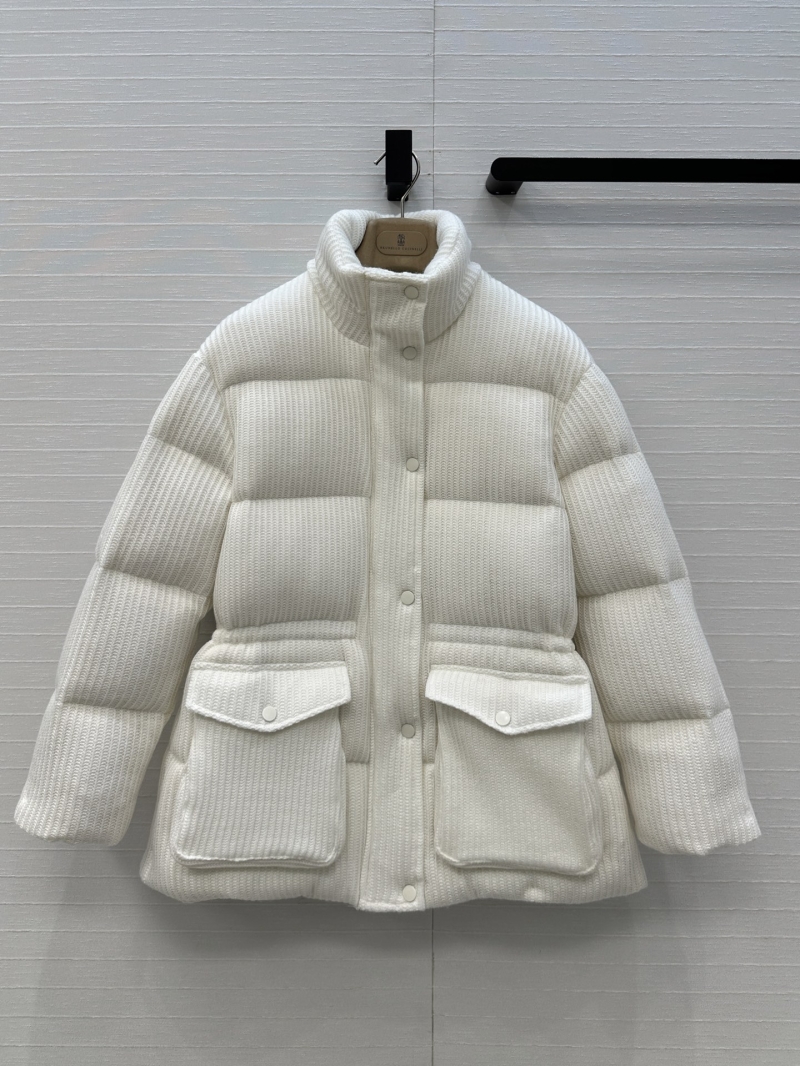 Brunello Cucinelli Wool Knit Stand-Collar Down Jacket – Old Money Style, Premium Imported Duck Down, H-Line Silhouette, Cream