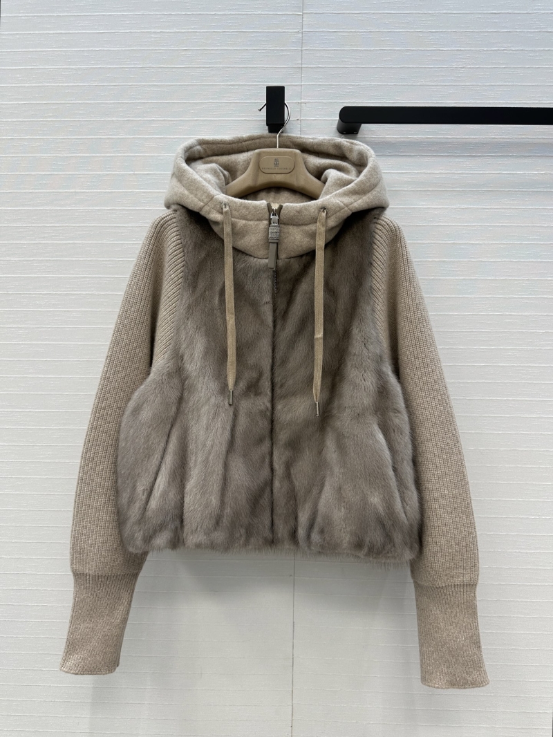 Brunello Cucinelli Silver-Blue Mink Fur & Knit Sleeve Goose Down Hooded Coat | Old Money Style | Custom H-Silhouette
