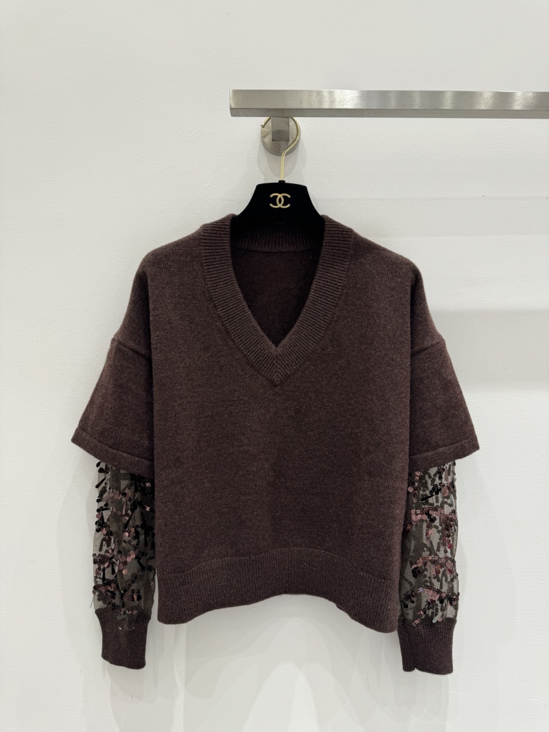 Brunello Cucinelli Short-Sleeved V-Neck Sweater with Sequin Undersleeves - Dark Brown, Layered Knit, Elevated Casual Glamour