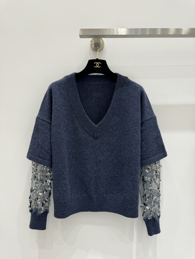 Brunello Cucinelli Navy Blue Short-Sleeve V-Neck Sweater with Sequin Sleeve Overlay