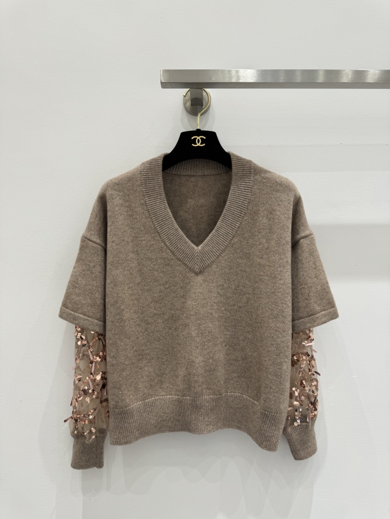 Brunello Cucinelli Oversized V-Neck Sweater with Sequin Detail, Taupe with Rose Gold Sequins, Relaxed Fit, Luxe Knitwear