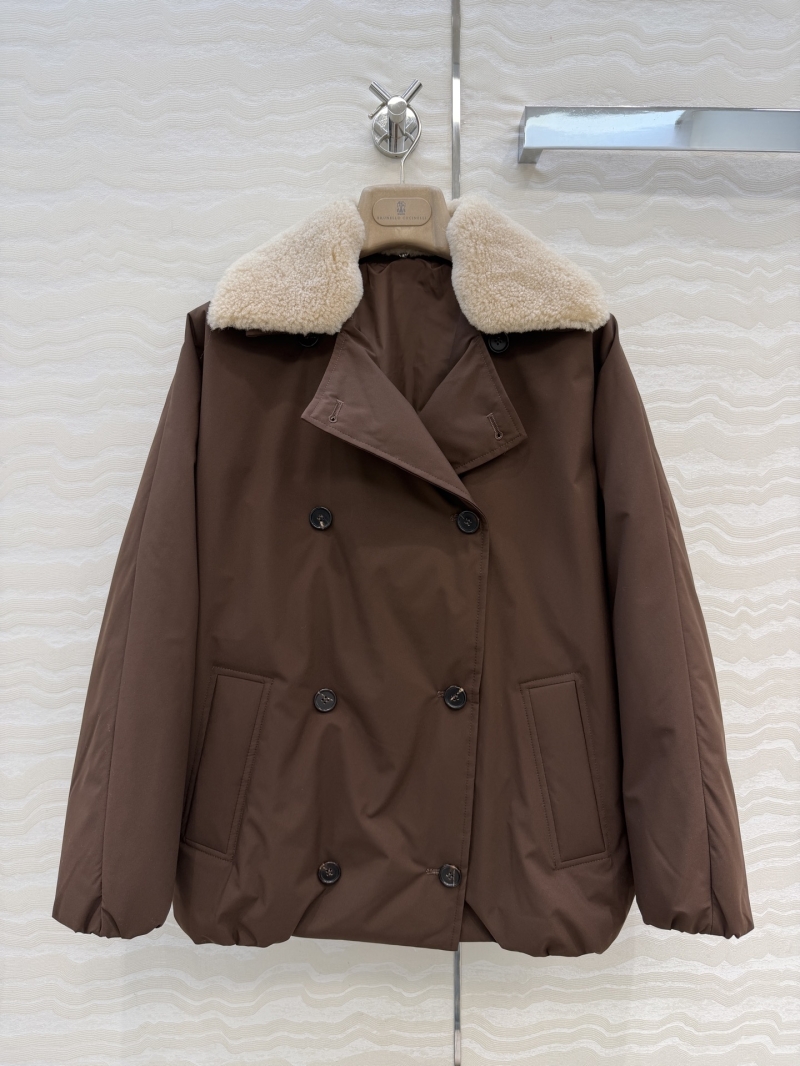 Brunello Cucinelli Luxury Italian Wool Coat with Detachable Sheepskin Collar – Classic H-Line Down Jacket with 90% White Goose Down