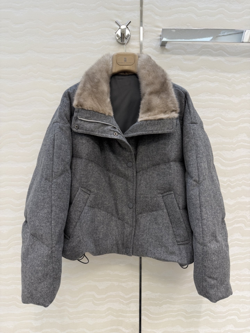 Brunello Cucinelli Water Mink Fur Collar Goose Down Jacket – H-Line Cut, Adjustable Hem, Premium Cashmere Wool Blend