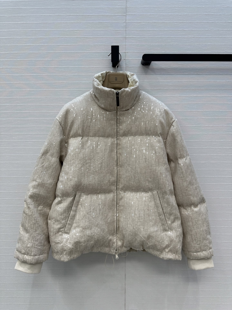 Brunello Cucinelli Old Money Style Puffer Jacket – Linen-Look with Sequin Embroidery & 90% White Duck Down Fill