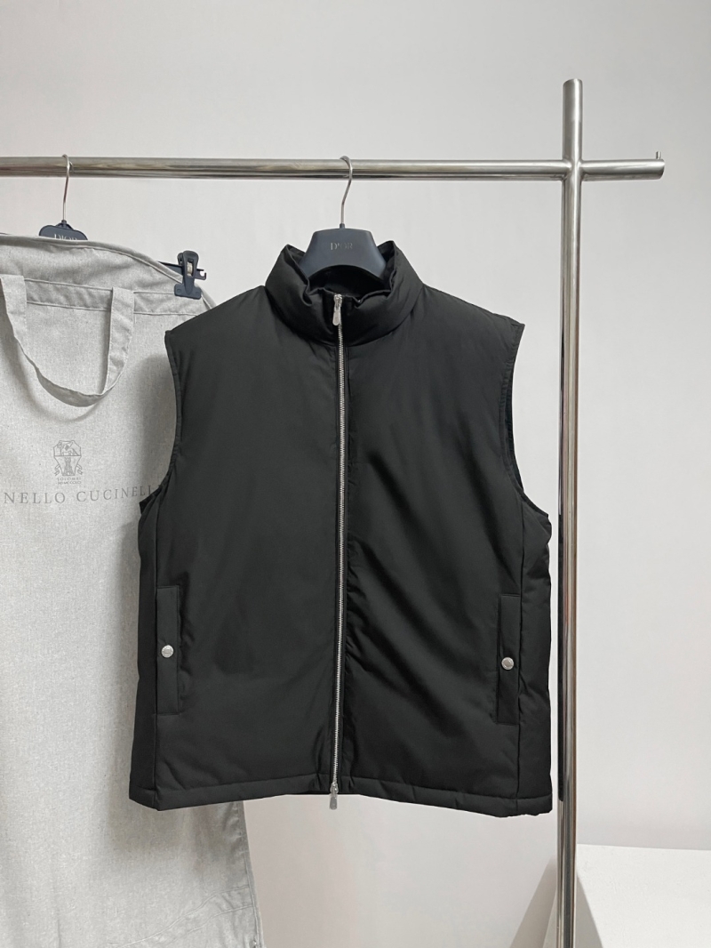 Brunello Cucinelli Stand Collar Down Vest in Black – Minimalist Puffer Vest with High-Neck Design, H-Cut Silhouette, and Premium Goose Down Filling