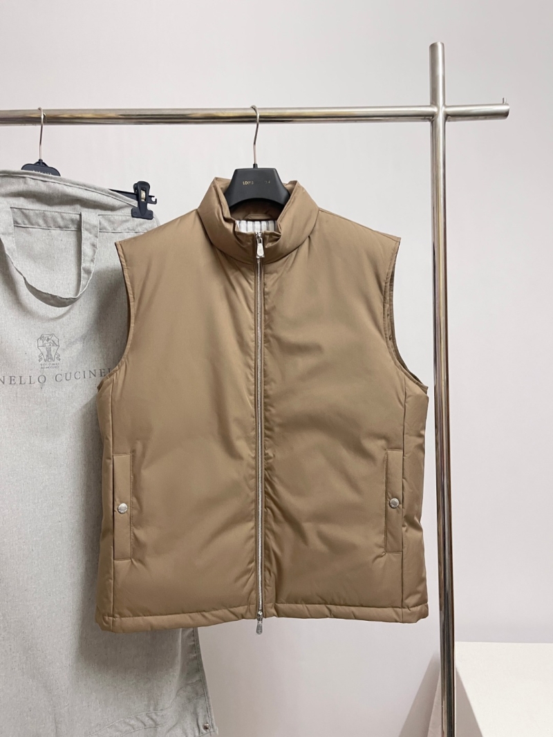 Brunello Cucinelli Quilted Down Vest in Khaki Beige - Stand Collar Puffer Vest