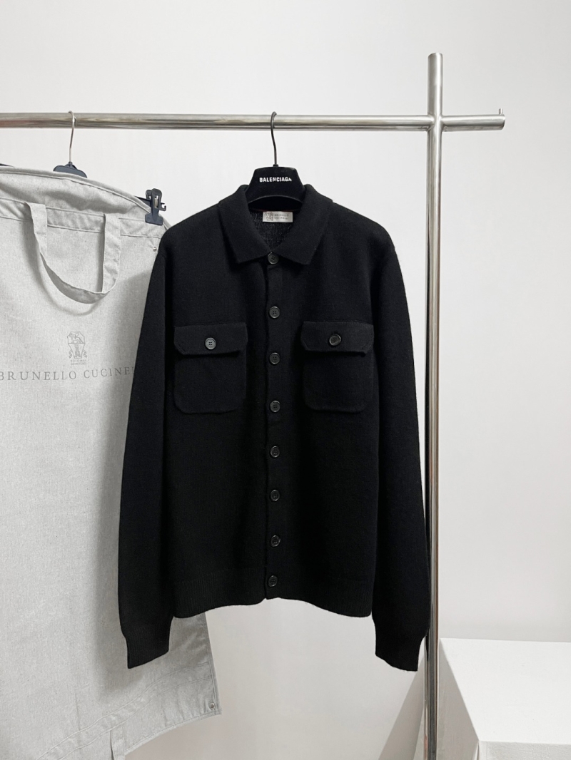 Brunello Cucinelli Black Knitted Collared Cardigan - Luxe Wool Blend with Button-Front & Chest Pockets