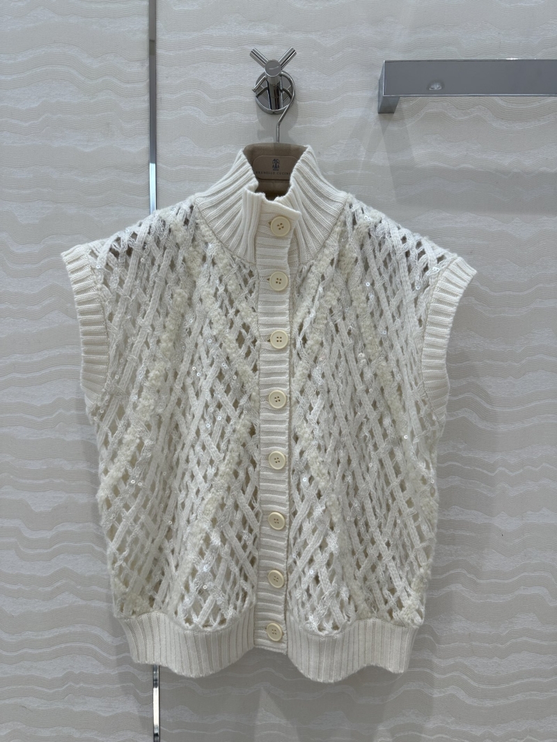Brunello Cucinelli White Cashmere and Mohair Blend Sequin Embellished Knit Vest