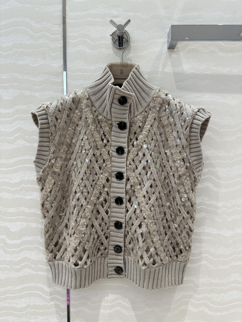 Brunello Cucinelli Cashmere & Alpaca Blend Sequin-Embroidered Openwork Knit Vest - Taupe