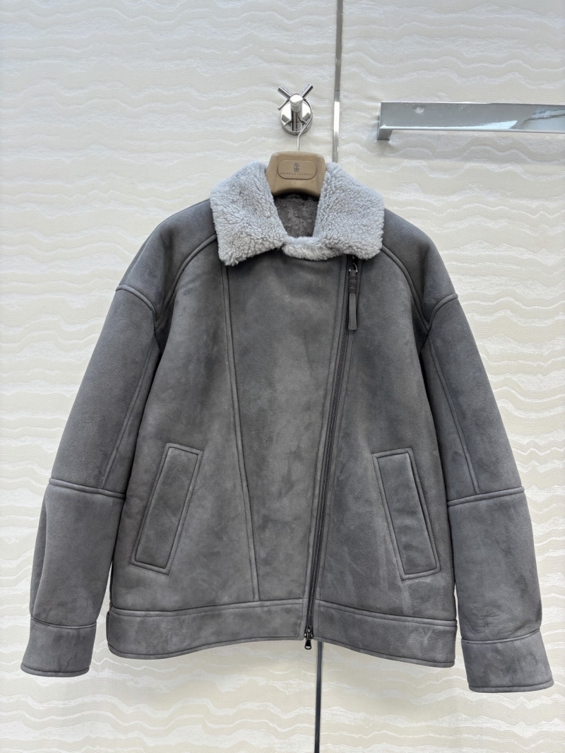 Brunello Cucinelli Gray Turkish Shearling and Suede Aviator Jacket