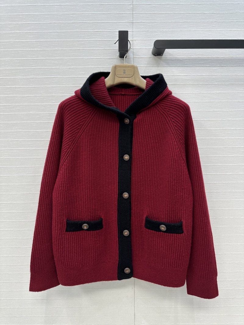 Brunello Cucinelli Sumptuous Cashmere Hooded Cardigan in Red and Black Color-Block with Vintage Hardware