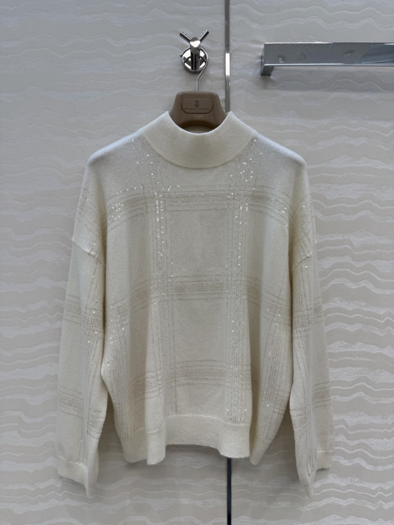 Brunello Cucinelli Exquisite Lightweight Cashmere Pullover with Artisan Sequin Plaid - Chalk