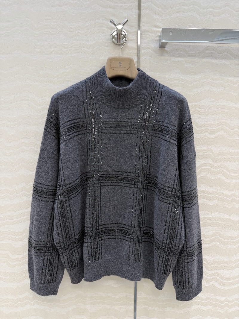 Brunello Cucinelli Exquisite Cashmere Sweater in Deep Grey with Artisan Sequin Plaid and Relaxed Fit