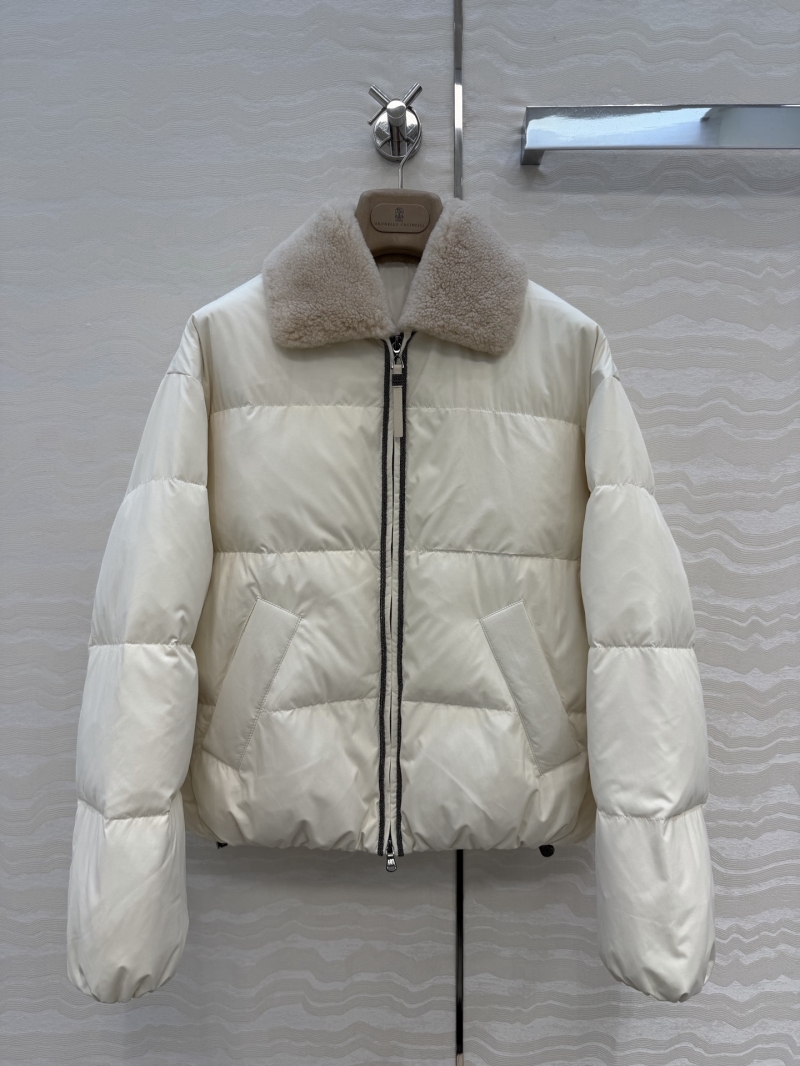 Brunello Cucinelli Exquisite Creamy White Down Jacket with Shearling Collar, Silk Blend, and Signature Copper Chain Detail