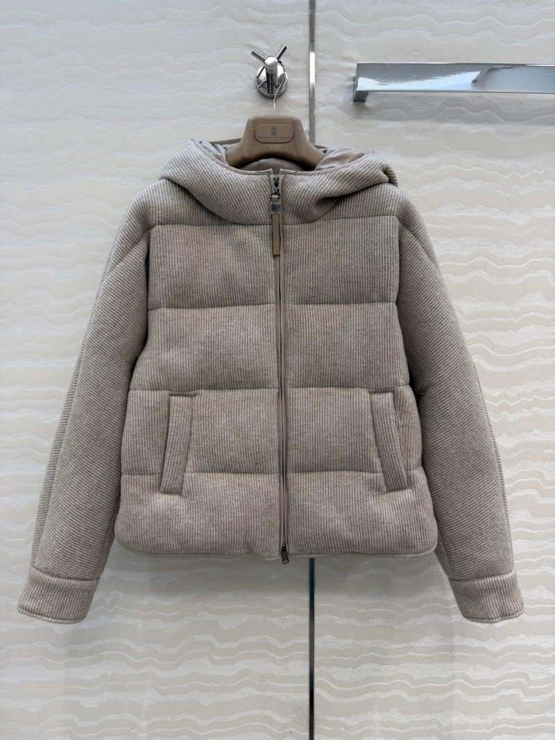 Brunello Cucinelli Opulent Gold-Thread Knitted Wool Puffer Jacket | 90% White Goose Down | Taupe