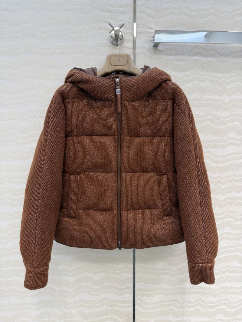 Brunello Cucinelli Opulent Wool Puffer Jacket with Shimmering Gold Silk & 90% Goose Down (Copper)