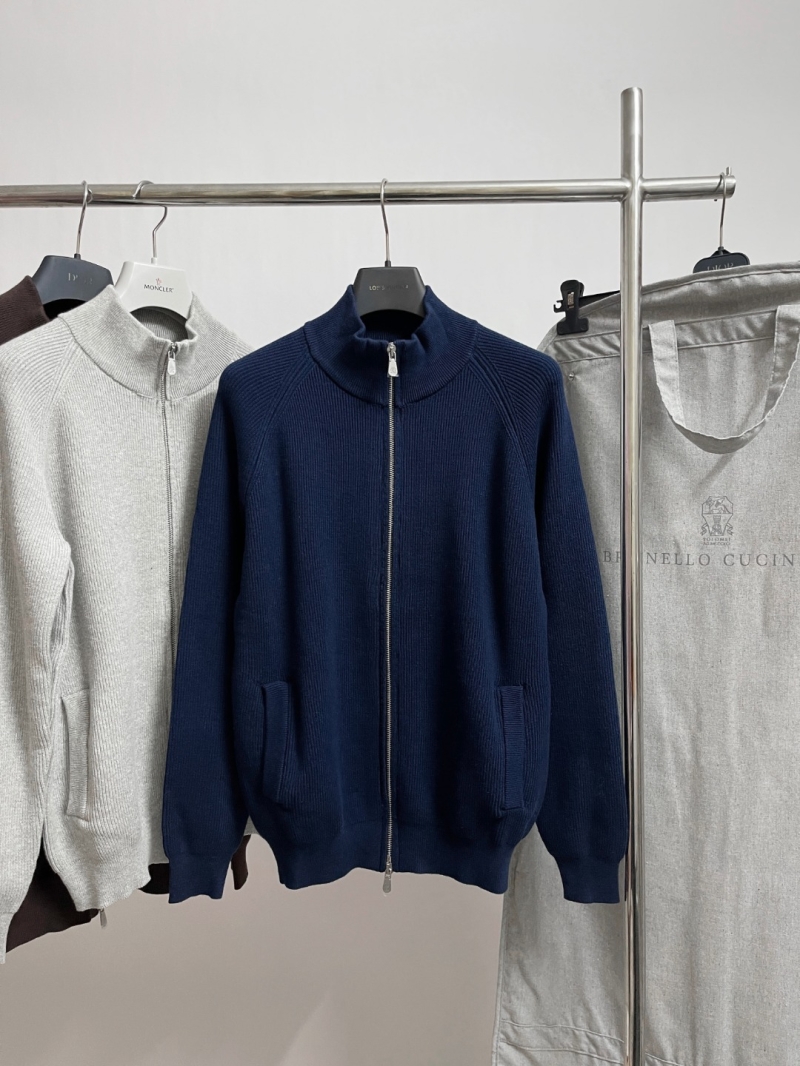Brunello Cucinelli Deep Navy Ribbed Cotton Zip Cardigan | Stand Collar