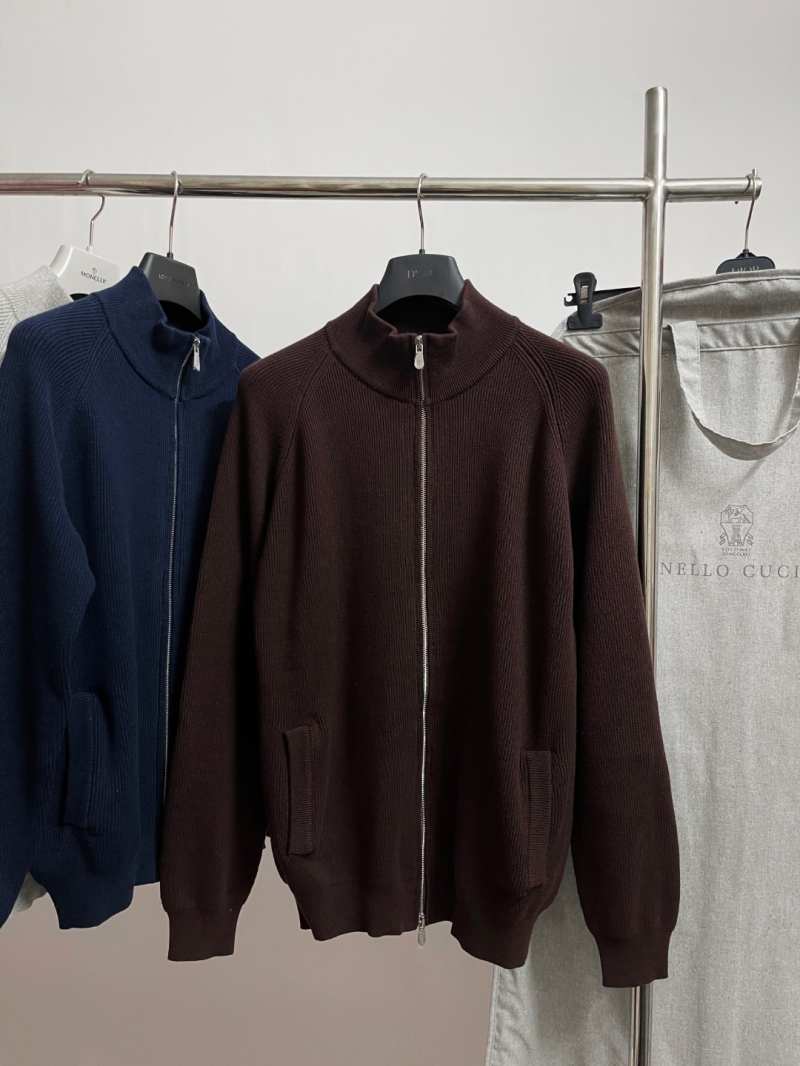 Brunello Cucinelli Elevated Deep Espresso Knit Cardigan | 100% Cotton, Mock Neck, Custom Zipper