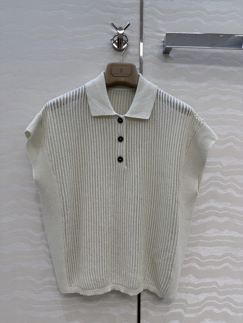 Brunello Cucinelli Silver Thread Open-Work Vertical Stripe Knit Polo Top in Cream