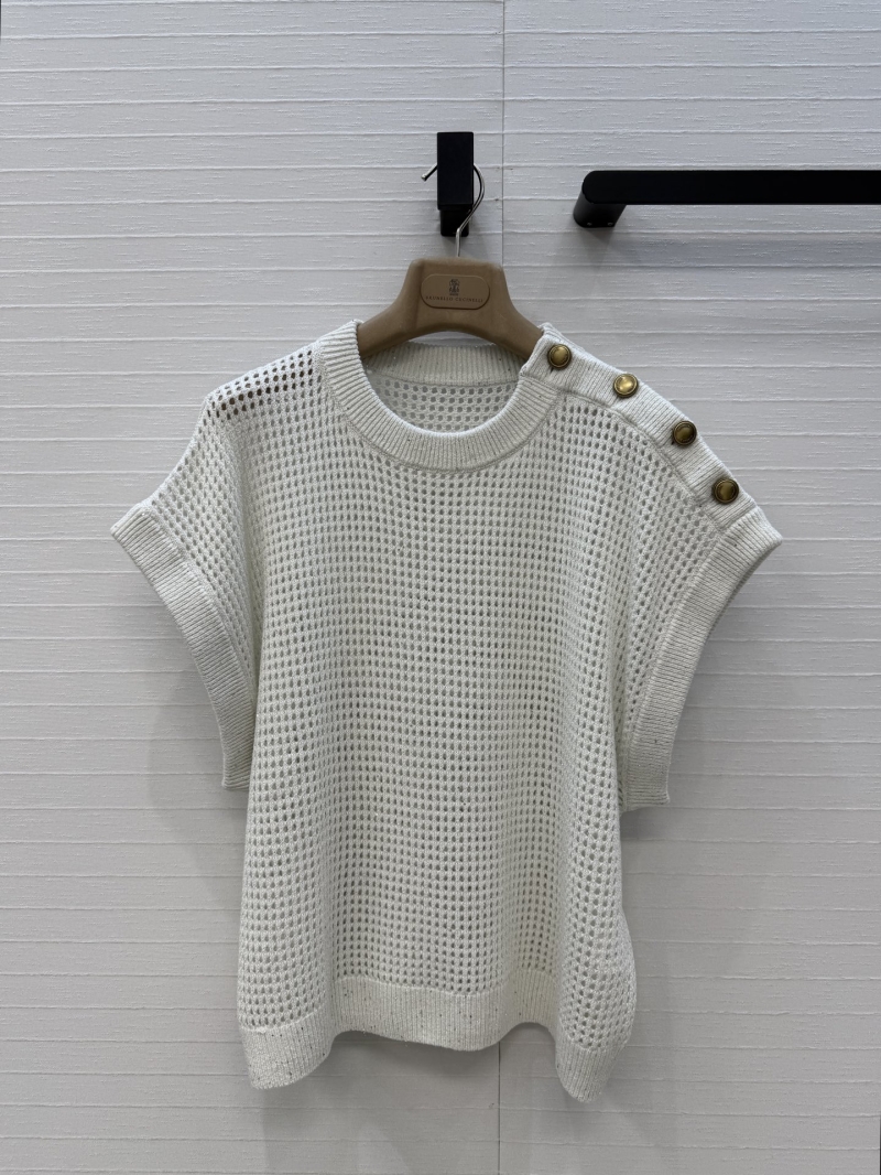 Brunello Cucinelli Italian Linen Openwork Knit Vest Top with Gold and Silver Lurex