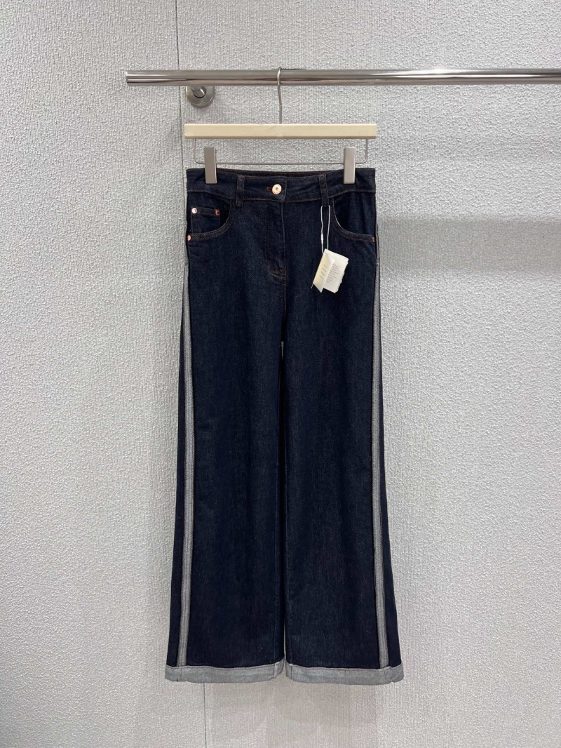 Brunello Cucinelli Contrast Stripe Wide-Leg Denim Trousers in Dark Indigo