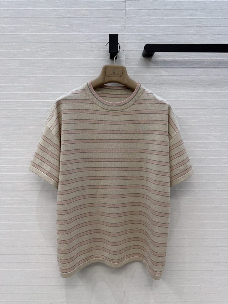 Brunello Cucinelli Sumptuous Cashmere Striped Knit Top in Italian Beige