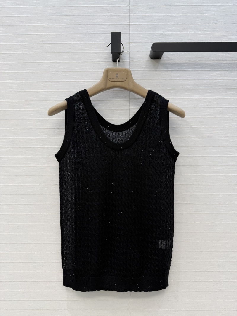 Brunello Cucinelli Black Linen-Blend Cable Knit Tank Top with Exquisite Sequin Embellishment