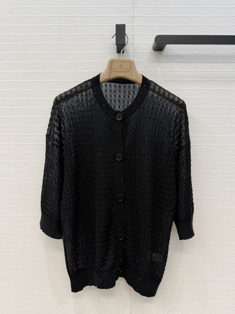 Brunello Cucinelli Black Italian Linen-Blend Micro-Sequin Textured Knit Cardigan