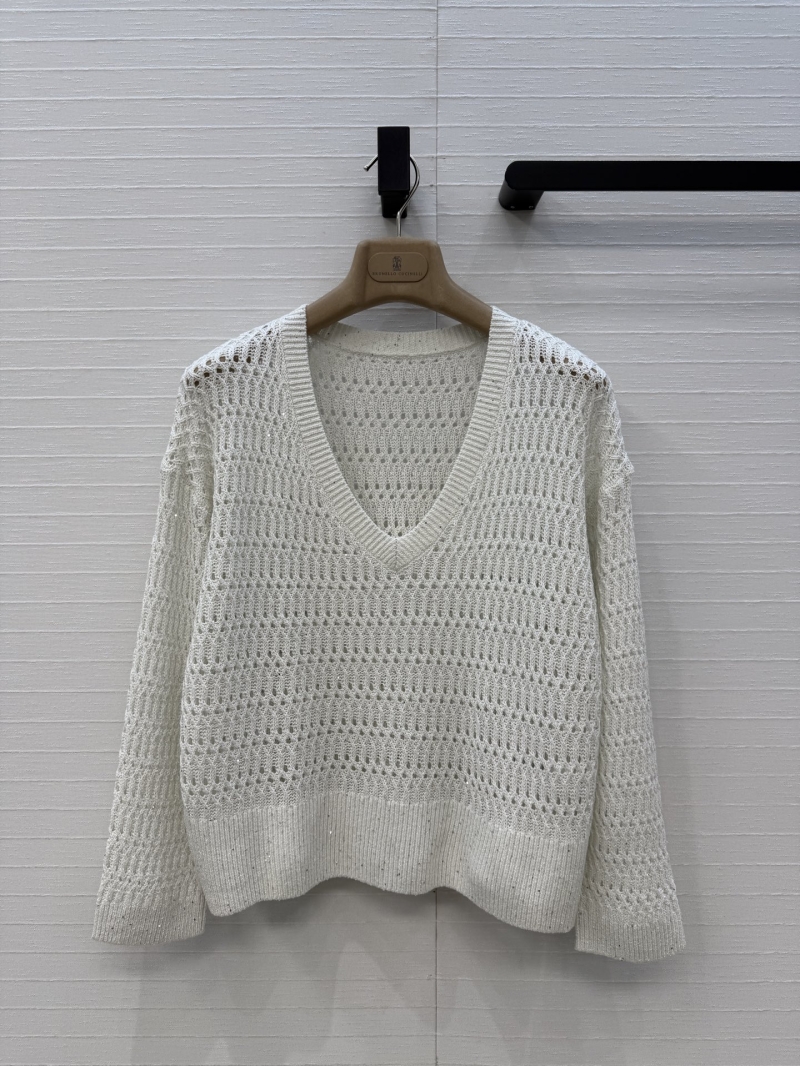Brunello Cucinelli Exquisite Linen & Sequin Openwork V-Neck Sweater in Ecru | Old Money Aesthetic