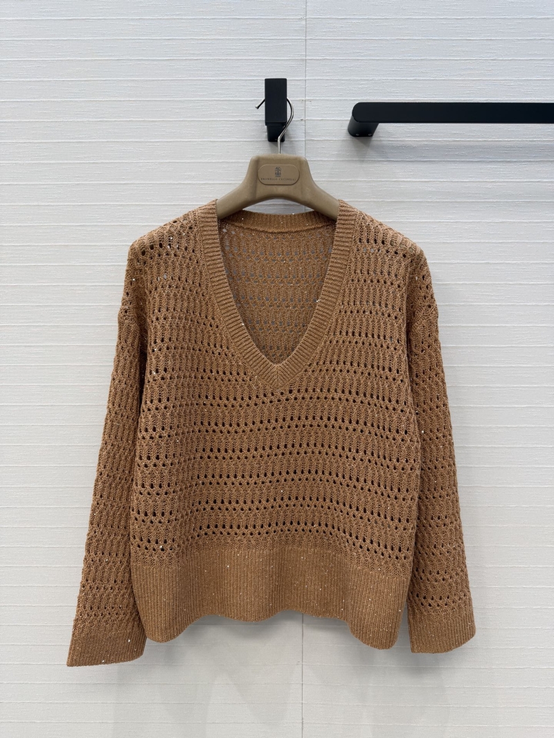 Brunello Cucinelli Ivory Linen-Blend Sequin V-Neck Sweater - Artisan Openwork Knit, Quiet Luxury Style