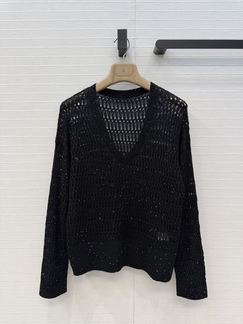 Brunello Cucinelli Exquisite Black Linen Blend V-Neck Knit Sweater | Sequined Openwork & Old Money Aesthetic