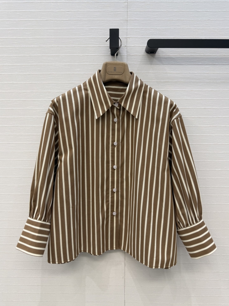 Brunello Cucinelli Pure Cotton Striped Cropped Shirt | Coffee & Cream Lantern Sleeve Blouse