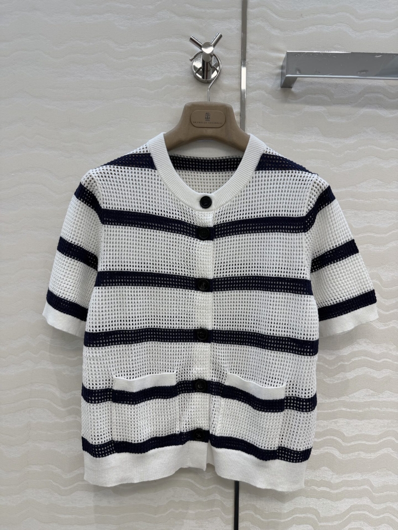 Brunello Cucinelli Exquisite Italian Yarn Hollow-Out Striped Knit Short-Sleeve Cardigan