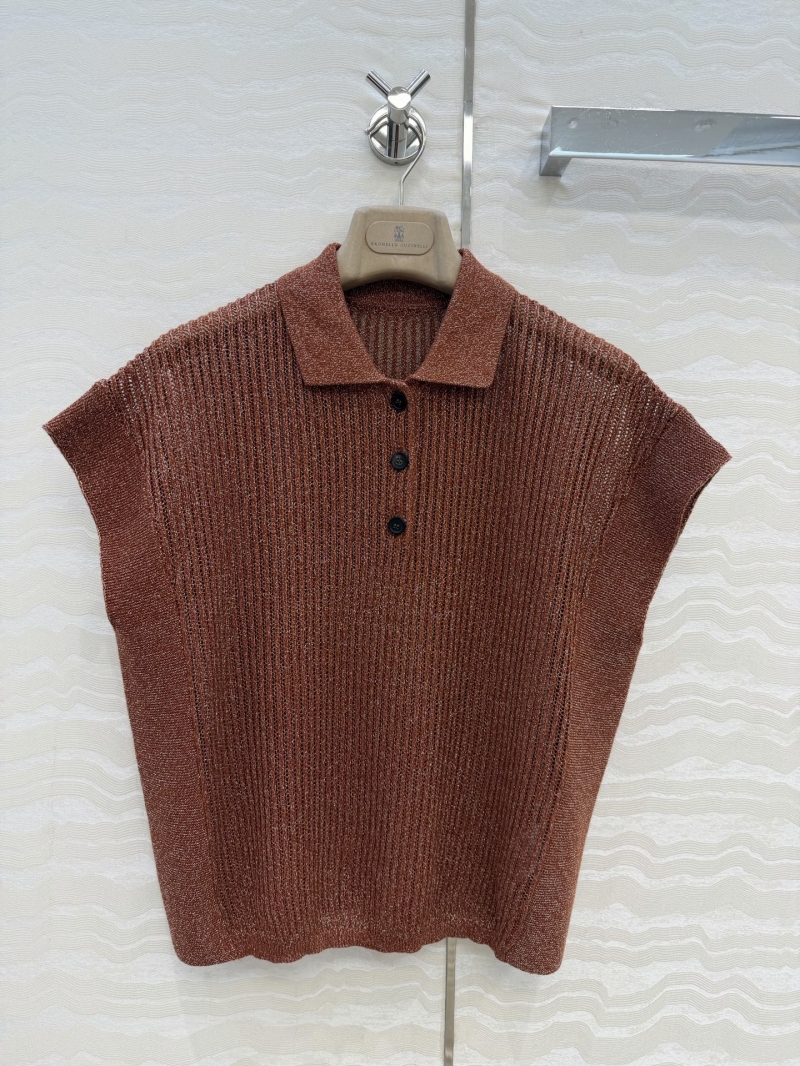 Brunello Cucinelli Italian Silver Lurex Open-Knit Polo Top in Rust