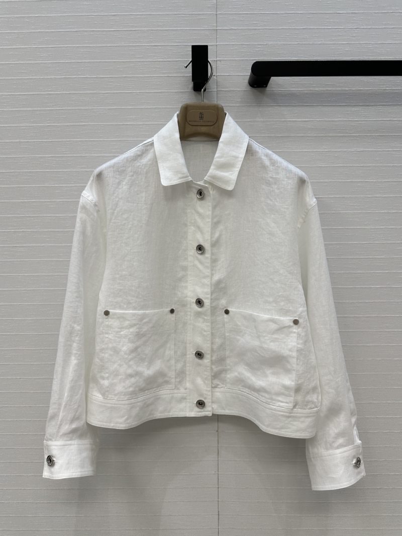 Brunello Cucinelli 100% Premium Linen Relaxed H-Line Jacket with Italian Copper Accents in White