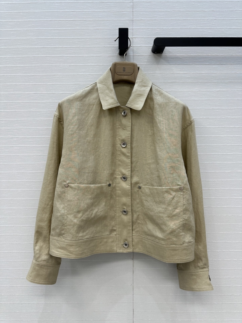 Brunello Cucinelli 100% Imported Linen Relaxed Utility Jacket in Oatmeal