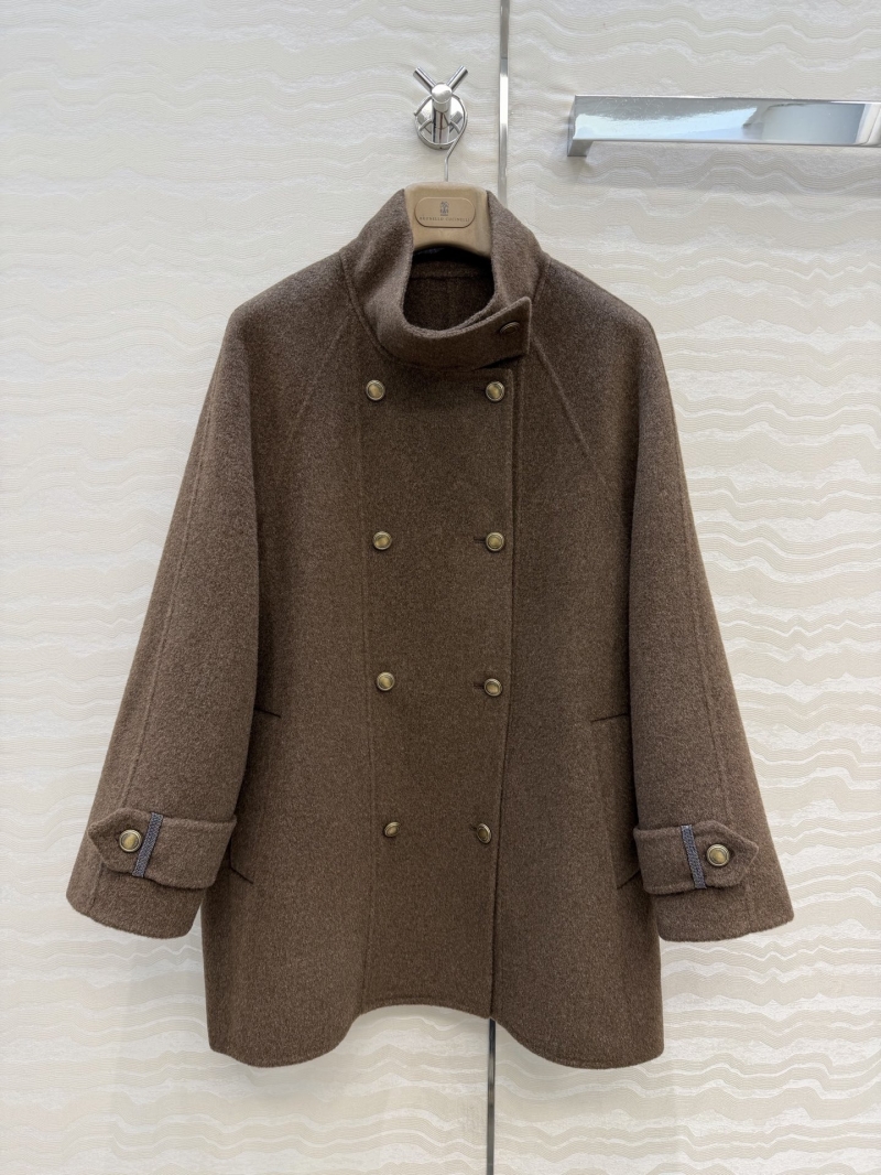 Brunello Cucinelli 90% Wool 10% Cashmere Double-Breasted Stand Collar Coat in Earthy Brown