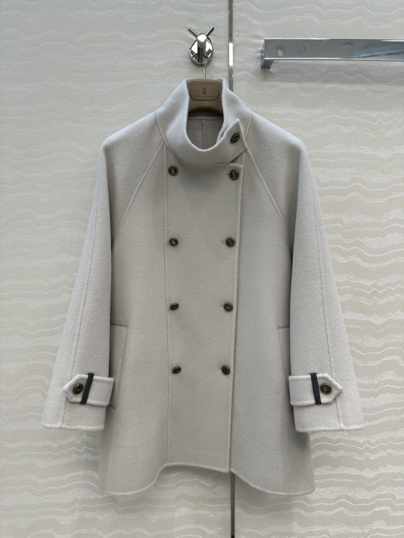 Brunello Cucinelli 90% Wool 10% Cashmere Stand-Collar Double-Breasted Coat in Cream