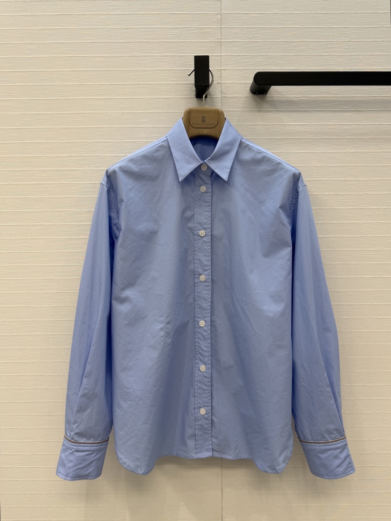 Brunello Cucinelli Timeless Cotton Poplin Shirt with Monili Copper Chain Detail in Light Blue