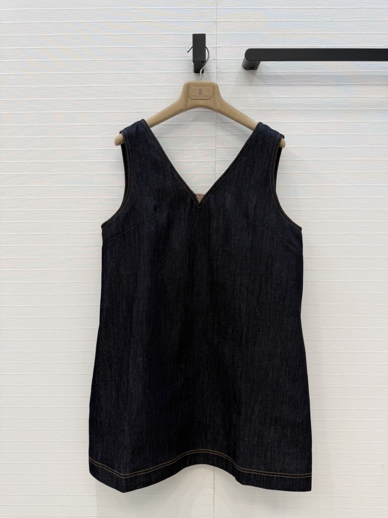 Brunello Cucinelli Raw Indigo Denim V-Neck Vest Dress with Copper Monili Chain