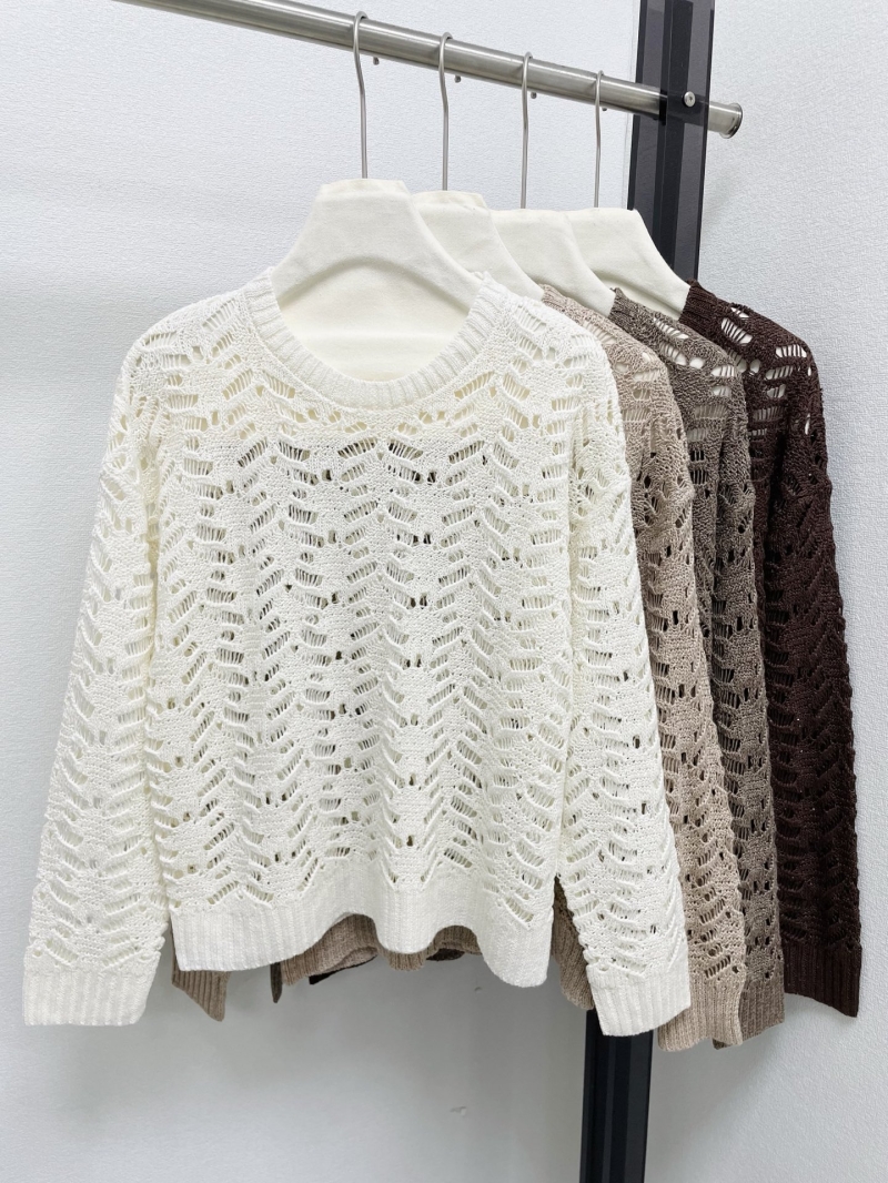 Brunello Cucinelli Leaf Lace Open-Knit Pointelle Sweater in Neutral Earth Tones