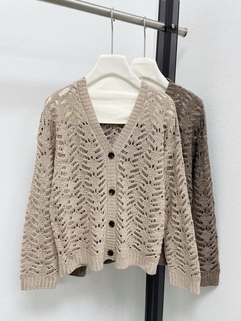 Brunello Cucinelli Leaf Lace Open-Knit V-Neck Cardigan in Sand and Mocha