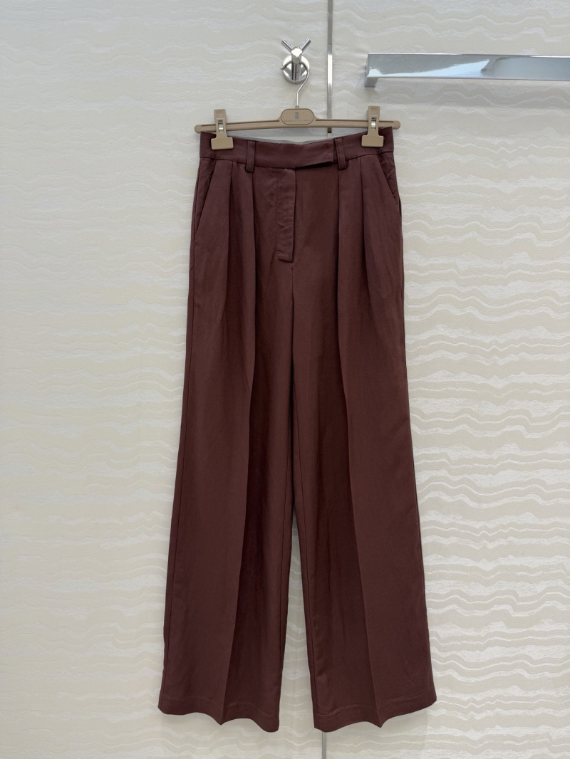 Brunello Cucinelli Tencel-Linen Pleated Wide-Leg Trousers in Mahogany