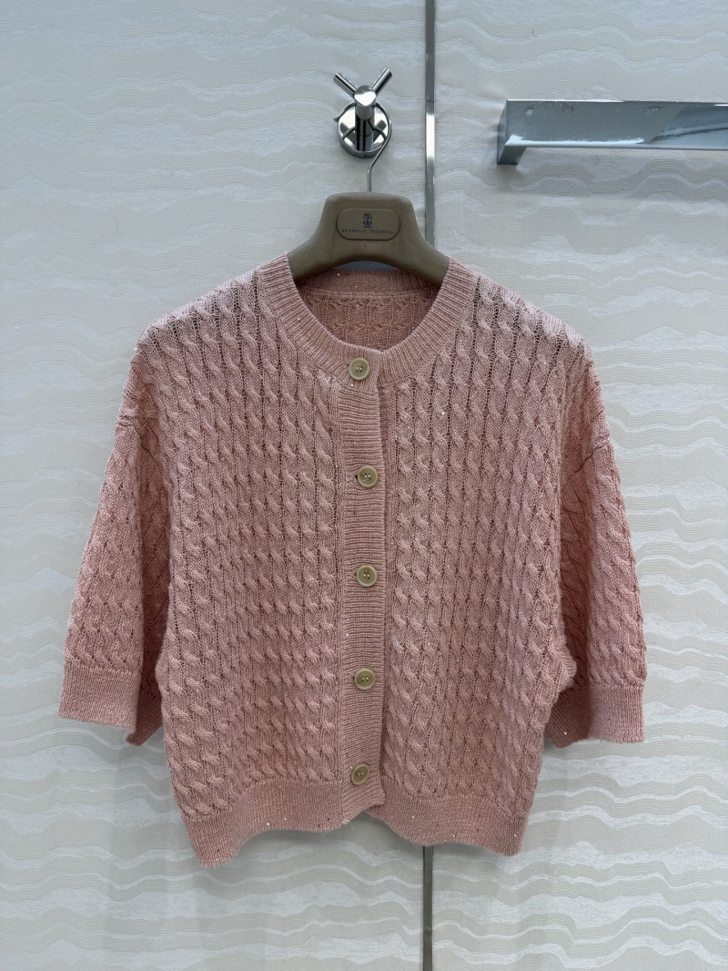 Brunello Cucinelli Sequin Yarn Cable-Knit Short-Sleeved Cardigan in Dusty Rose Pink