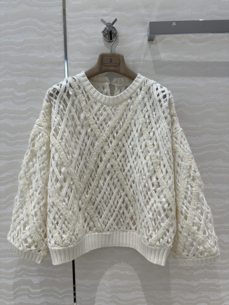 Brunello Cucinelli Alpaca Mohair Wool Cashmere Openwork Knit Sequin Sweater - Ivory