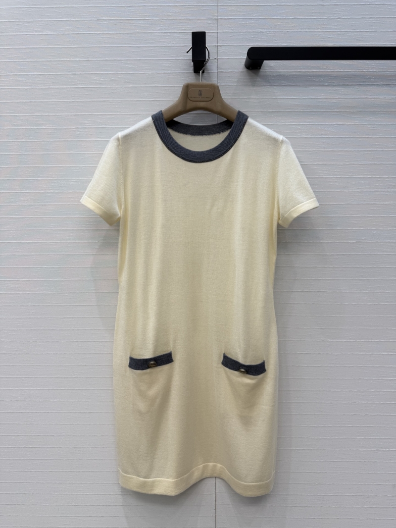 Brunello Cucinelli Refined Knit H-Line Dress with Copper Chain Trim in Cream